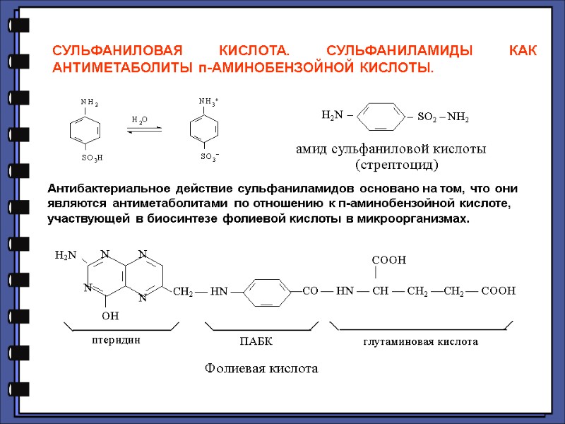 СУЛЬФАНИЛОВАЯ КИСЛОТА. СУЛЬФАНИЛАМИДЫ КАК АНТИМЕТАБОЛИТЫ п-АМИНОБЕНЗОЙНОЙ КИСЛОТЫ.  Антибактериальное действие сульфаниламидов основано на том,
